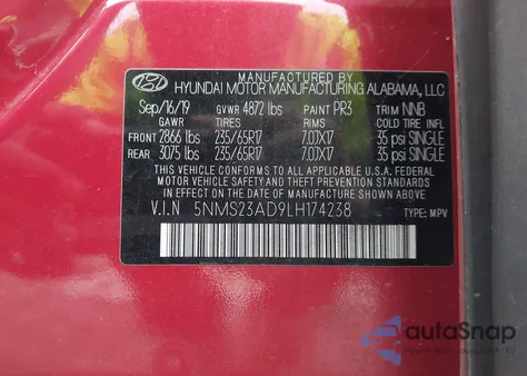 2020 Hyundai Santa Fe Se from USA, damaged, VIN 5NMS23AD9LH174238